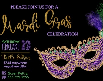 May include: Invitation to a Mardi Gras celebration on Saturday, February 23rd at The Ella Ballroom. The invitation features a gold glitter mask with purple and green accents.