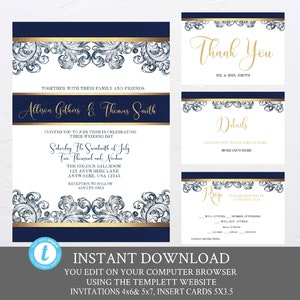 Navy Blue and Gold Wedding Invitation Set Template, Wedding Package, Gold Flourish Modern  Blue and Gold Wedding invite, Editable Printable