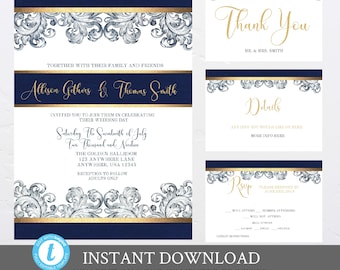 Navy Blue and Gold Wedding Invitation Set Template, Wedding Package, Gold Flourish Modern  Blue and Gold Wedding invite, Editable Printable