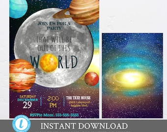 Out of this world Birthday invitation, Outer space Birthday invite, Galaxy Invitation, Moon and Stars  Invite, Solar system, edit yourself