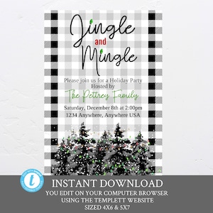 Farmhouse Plaid Jingle and Mingle Invitation, Black white buffalo Plaid, Christmas tree Jingle and Mingle Christmas Party Invites, Digital