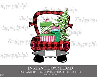 Diseño de subliminación de Navidad, Subliminación de camión a cuadros de búfalo, Descarga png de Navidad, Buffalo Plaid, Sub, Tronco, Regalo de árbol de Navidad