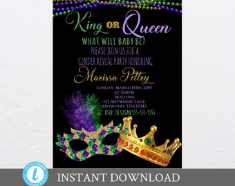 May include: A black and gold gender reveal party invitation with a purple, green, and gold masquerade mask and two gold crowns. The text reads "King or Queen? What will baby be? Please join us for a gender reveal party honoring Marissa Pettry. Sunday, March 14th, 2019 at 3:00pm Bead Inn 123 Anywhere Lane Anywhere, USA 12345 RSVP: To Susan 555-555-5555".