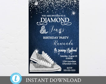 Denim and Diamonds Birthday Party Invitation, sneakers Invitation any age, Blue Jeans Bling, Birthday invite tennis shoes