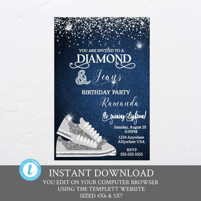 Denim and Diamonds Birthday Party Invitation sneakers Invitation any age Blue Jeans Bling Birthday invite tennis shoes