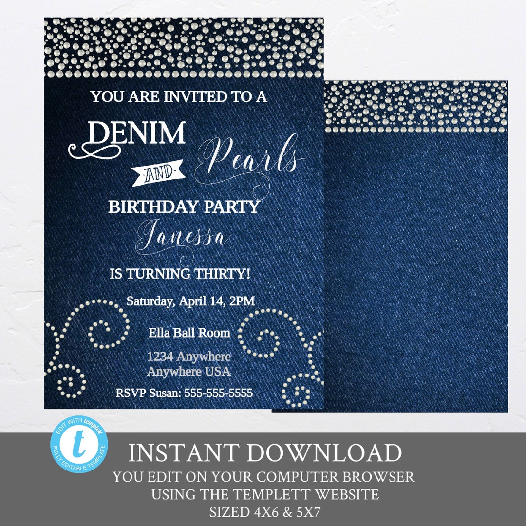 Denim and Pearls Birthday Party Invitation, Elegant Women Invitation