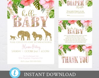 May include: A pink and gold jungle-themed baby shower invitation with a pink and gold "hello baby" text, a giraffe, elephant, and lion. The invitation includes the text "Please join us for a baby shower honoring Maissa Pettrey, Saturday, October 2nd, 4:00PM, The Ella Banquet Hall, 1234 Anywhere, Anywhere USA, RSVP to Suan: 555-555-5555".  The invitation also includes two insert cards: a pink and gold "Diaper Raffle" card and a pink and gold "Books for Baby" card.