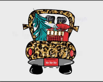 May include: A gold glitter truck with a leopard print design. The truck is carrying a Christmas tree, presents, and a red bag with a bow. The truck has the words "Ho Ho Ho" written on the back.
