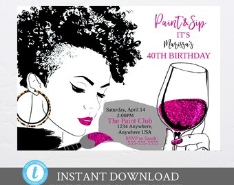 Paint & Sip invitation, Adult Wine Night. Ladies Night Out Party, Wine party, African American Party Invite, Sip and paint wine party