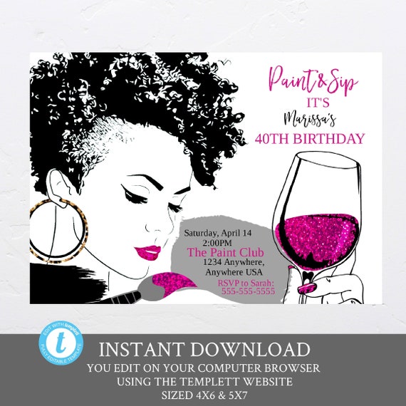 Paint & Sip invitation, Adult Wine Night. Ladies Night Out Party, Wine party, African American Party Invite, Sip and paint wine party