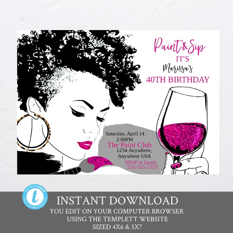 Paint & Sip invitation, Adult Wine Night. Ladies Night Out Party, Wine party, African American Party Invite, Sip and paint wine party image 1