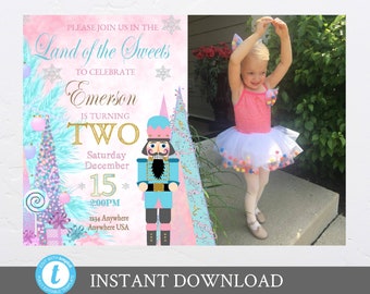 May include: A birthday party invitation with a Land of the Sweets theme, featuring a cartoon nutcracker and a young girl in a pink and white tutu. The invitation includes the text "Emerson is turning two" and details for the party.