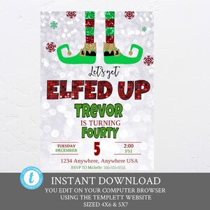 Elf Birthday  Party Invitation, Let&#39;s get elfed up Birthday Christmas Invite, Editable, Printable, Glitter, Christmas, Elfin Party, Boy