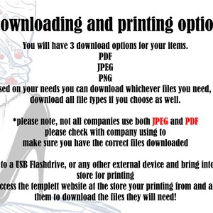 May include: Text explaining download and printing options for digital files. You can download PDF, JPEG, or PNG files. The text also mentions saving files to a USB flash drive or accessing the templett website to download files.