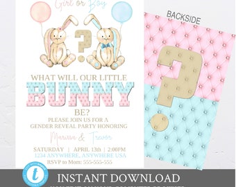 Bunny Gender Reveal Invitation. he or she, what will Baby be? Girl or Boy, Rabbit, Balloon Invite,  Easter, Baby shower template twins