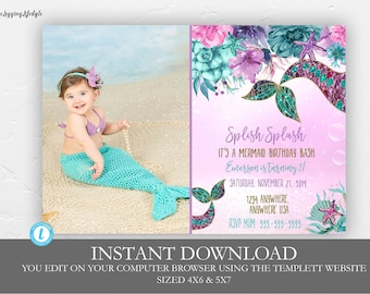 Zeemeermin verjaardagsuitnodiging, bewerkbare verjaardagsuitnodiging, Glitter, paars, Aqua, Teal, Mermaid uitnodigen, zeemeermin thema, Printable, DIY uitnodigen