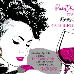 Paint & Sip invitation, Adult Wine Night. Ladies Night Out Party, Wine party, African American Party Invite, Sip and paint wine party image 2