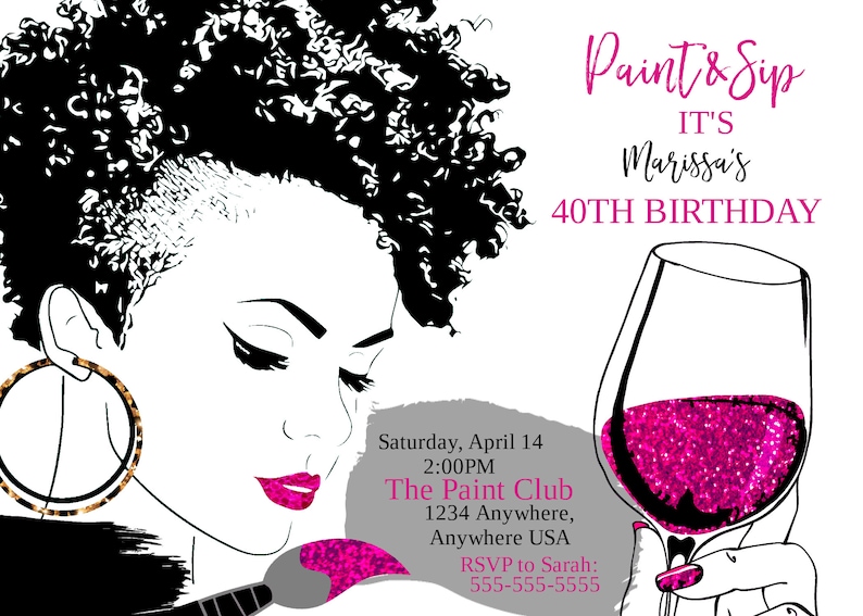 Paint & Sip invitation, Adult Wine Night. Ladies Night Out Party, Wine party, African American Party Invite, Sip and paint wine party image 2