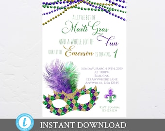 May include: A printable invitation for a Mardi Gras themed first birthday party. The invitation features a purple, green, and gold mask with feathers and beads. The text on the invitation reads "A little bit of Mardi Gras and a whole lot of fun. Our little Emerson is turning 1. Sunday, March 14th, 2019 at 3:00pm Bead Inn 123 Anywhere Lane Anywhere, USA 12345 RSVP to Mom 123-123-1234"