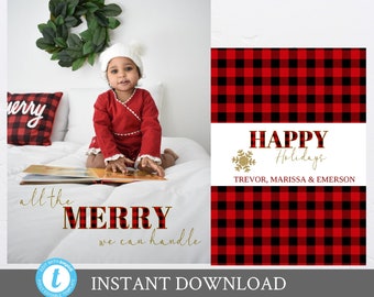 Buffalo Plaid Photo Christmas Card Template, Christmas Card with Photo, Happy Holidays, Red Card, Merry Christmas, Printable Template,