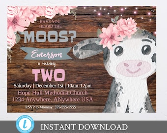 Baby Cow invitations, Barnyard Birthday Invitation pink - Rustic Pink Cow Birthday invite, Cowgirl, Pink Farm invitations,  Digital Download
