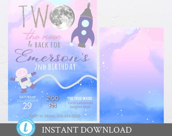 Love You TWO the Moon and back invitation, Girls Outer space Birthday invite, galaxy Second Birthday Invitation, Moon and Stars  Invitation