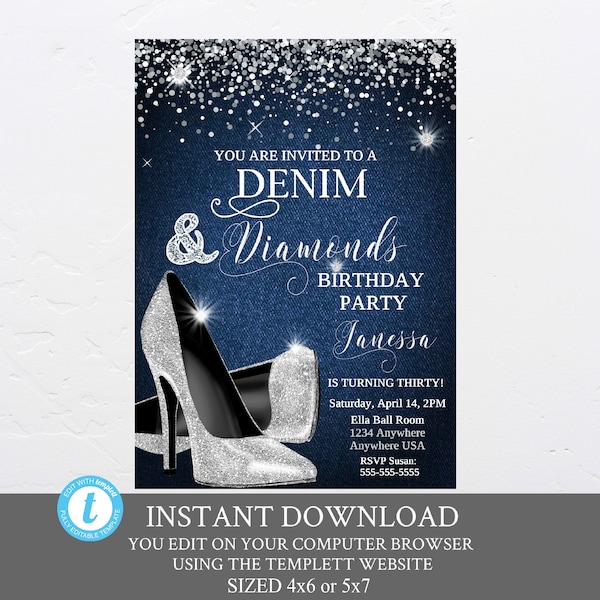 Denim and Diamonds Birthday Party Invitation, Elegant Women Invitation 30th 40th 50th 60th 70th 80th 90th, Blue Jeans Bling, Birthday invite