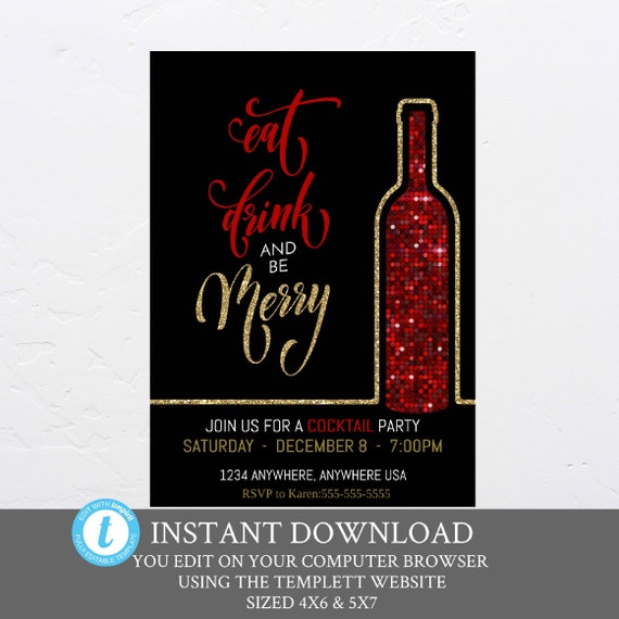 Christmas Cocktail Party Invitation, Holiday Party Invite, Eat Drink be Merry,  Christmas Cheer, Wine, drinks, Company Party, elegant, adult