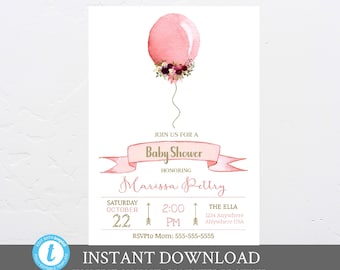 Balloon Baby Shower invitation.  Baby Girl SHower Invite,  Baby SHower, Going to Pop, Pastel Floral Watercolor Baby Girl,  Digital Download