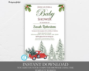 Peut inclure: Une invitation imprimable pour une fête prénatale sur le thème de l'hiver. L'invitation représente un camion rouge avec un sapin de Noël à l'arrière, roulant dans une forêt enneigée. Le texte sur l'invitation indique "Rejoignez-nous pour une fête prénatale en l'honneur de Sarah Robertson".