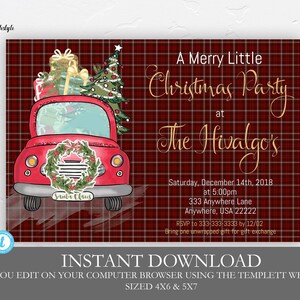 Plaid Little Red Truck Christmas Party Invitation, Winter Party Invitation, Christmas Tree Invitation, Editable, Printable, Instant Download