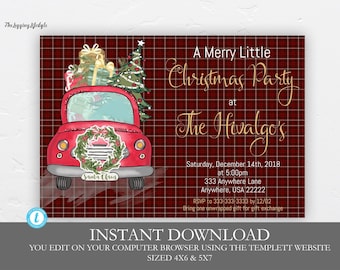 May include: A red and white plaid invitation for a Christmas party at The Hivalgos. The invitation features a red truck with a Christmas tree and presents on top. The text reads "A Merry Little Christmas Party at The Hivalgos" and includes the date, time, and location of the party.