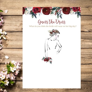 Guess the Dress game, Rustic Marsala guess the Bridal dress printable Bridal Shower game, floral  Wedding shower Bachelorette party Instant