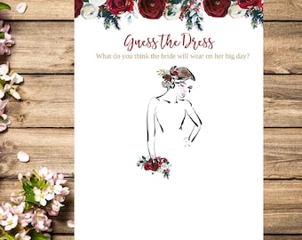 Guess the Dress game, Rustic Marsala guess the Bridal dress printable Bridal Shower game, floral  Wedding shower Bachelorette party Instant