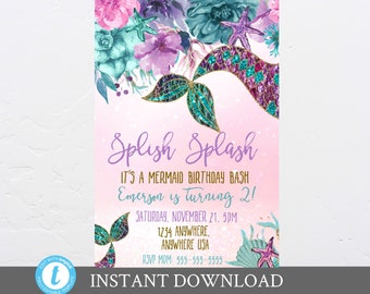 Enchanted garden mermaid invitation, Pink Floral Under the sea invite, Mermaid , Glitter SParkle, Mermaid fairy invitation, Digital download