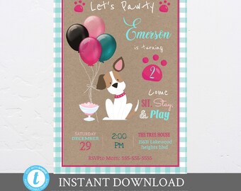 May include: A brown and white dog with pink balloons and a pink ice cream cone. The text on the invitation reads "Let's Paw-ty Emerson is turning 2 Come Sit. Stay. & Play Saturday December 29 2:00 PM The Tree House 15631 Lakewood heights blvd RSVPto Mom: 555-555-5555"