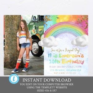 Photo Rainbow Birthday Invitation, Rainbow Party, Rainbow birthday Invite, magical Celebration. Editable Invitation,Watercolor Printable