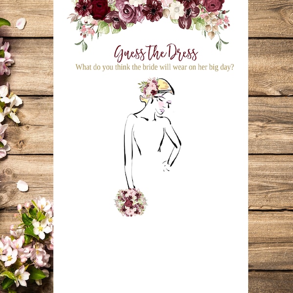 Guess the Dress game, Rustic Marsala guess the Bridal dress printable Bridal Shower game, floral Wedding shower, Blonde hair Instant