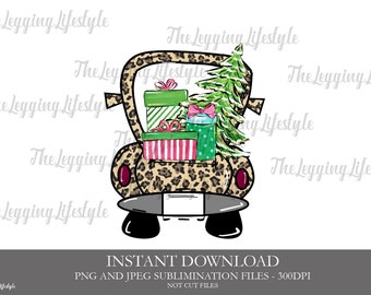 May include: A leopard print truck carrying a Christmas tree and presents. The truck has a gray bed and black wheels. The presents are wrapped in green, red, and white paper with pink bows.