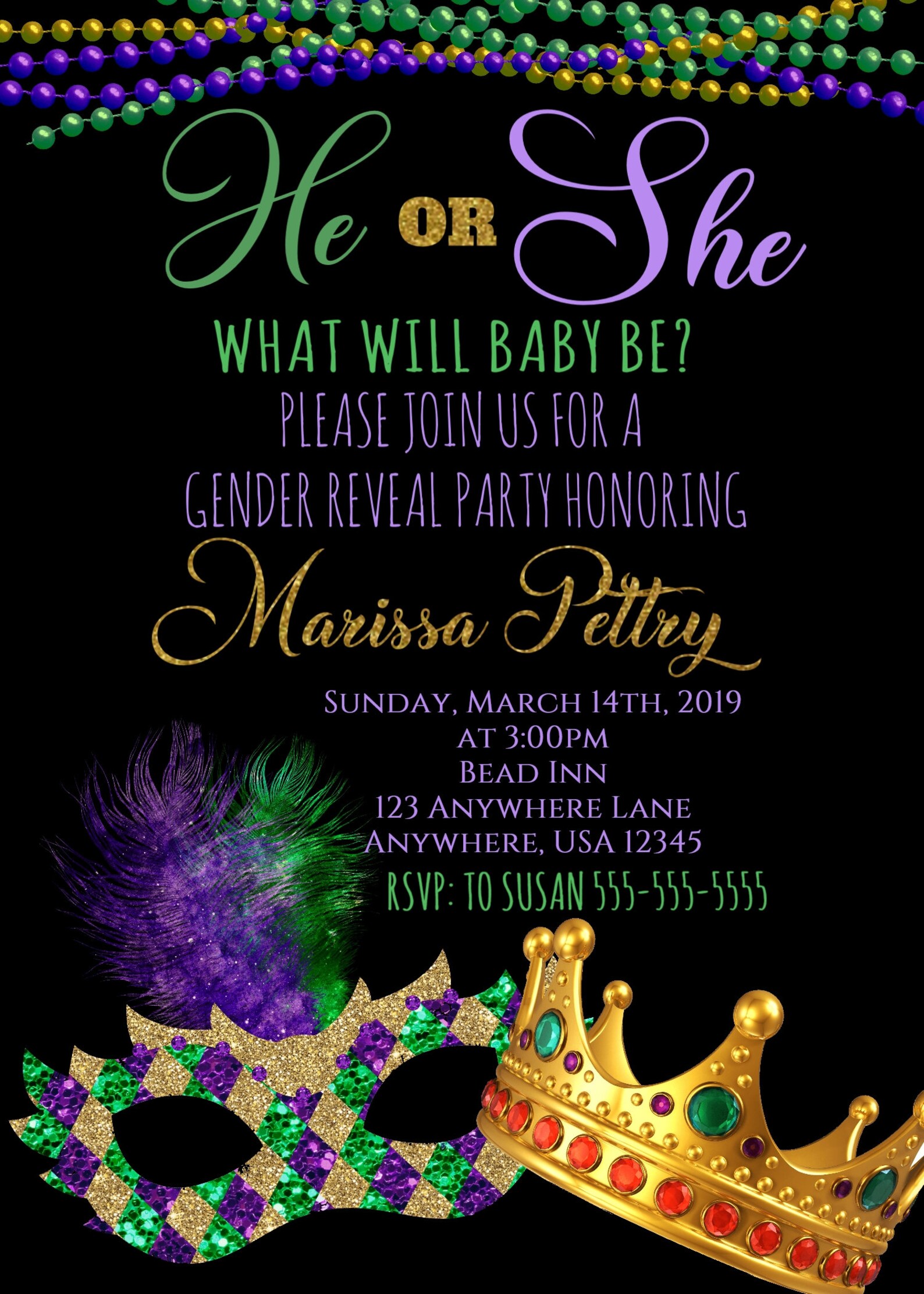 mardi gras themed gender reveal