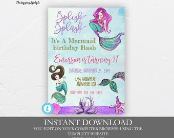 May include: A mermaid-themed birthday party invitation with a purple, blue, and green color scheme. The invitation features a mermaid with pink hair and a turquoise tail, and the text "Splish Splash It's a Mermaid birthday Bash Emerson is turning 21!"