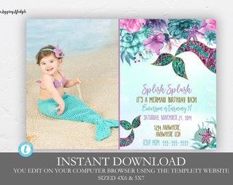 Mermaid Birthday Invitation, Editable Birthday Invitation, Glitter, Pastel, Aqua, Teal, Mermaid invite, Mermaid Theme, Printable, DIY Invite