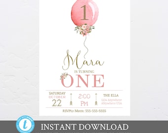 Balloon First Birthday Invitation. Baby Girl Birthday Invite, 1st Birthday Party, One Year,Party,  Blush Pastel , Floral, ANY AGE