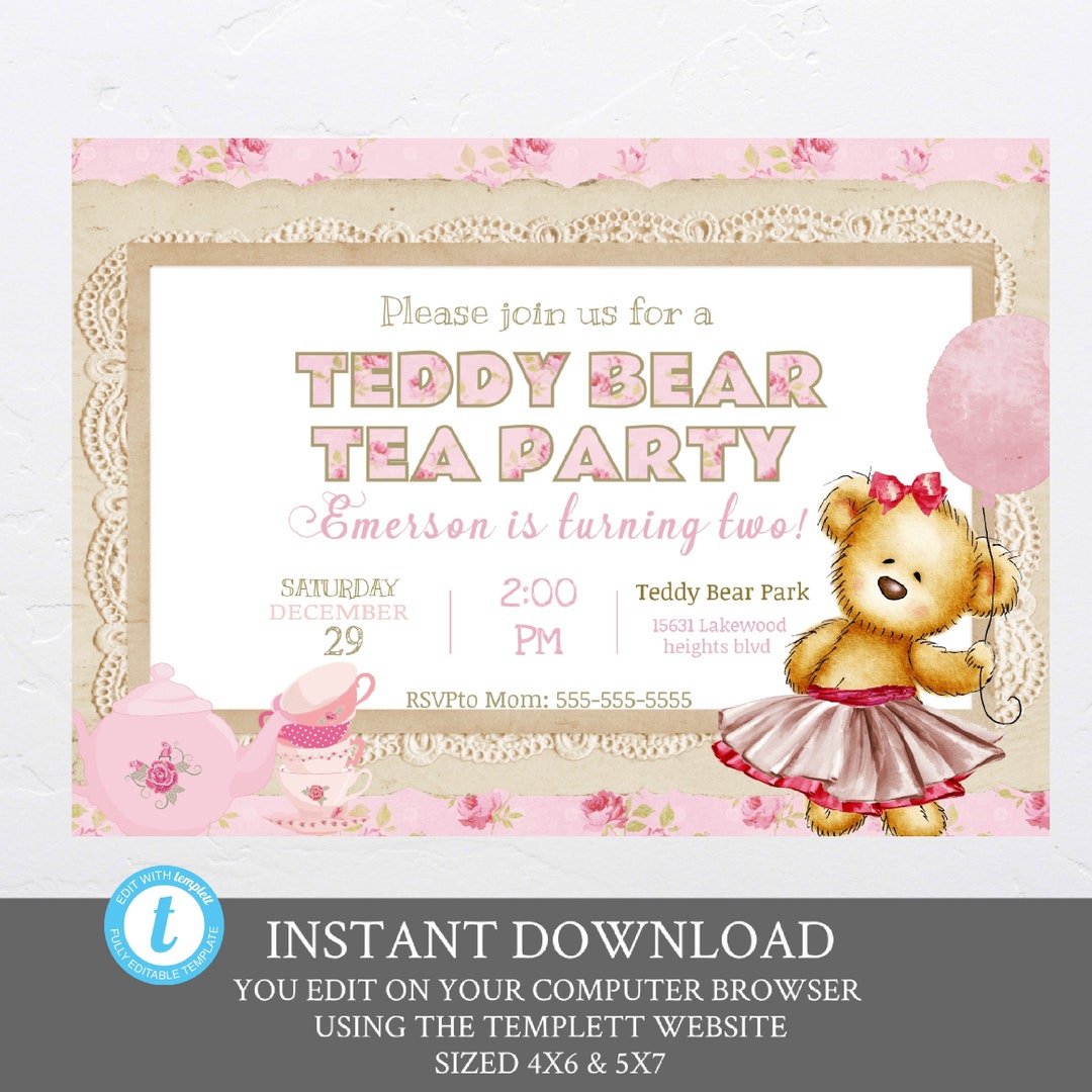 Teddy Bear Tea Party Birthday Invitation Teddy Bear Balloon Etsy