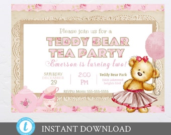 Teddy Bear Tea party Birthday Invitation, Teddy Bear Balloon invite,  Bear Tea Party Invite, edit yourself and print, any age, shabby chic