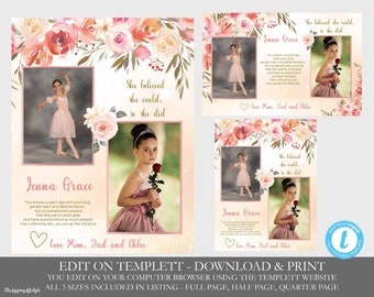 Dance Recital Program Ad, Yearbook ad  High School Senior Page, Middle, Elementary  Pre-School Peach, gold Blush Rose quartz Instant 3 sizes
