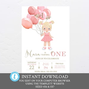 Primo invito compleanno palloncino. Bambino ragazza compleanno invito, 1 ° festa di compleanno, un anno, partito, pastello Blush, floreale, qualsiasi età