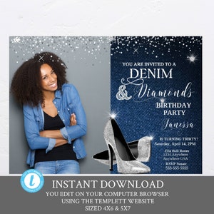 Denim and Diamonds Birthday Party Photo Invitation, Elegant Women Invitation 30th 40th 50th 60th 70th 80th 90th, Blue Jeans Bling,  invite