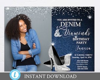 Denim and Diamonds Birthday Party Photo Invitation, Elegant Women