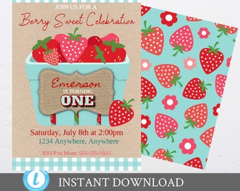 Invitation aux fraises, Invitations de fête Sweet Berry, rustique toile de jute Vichy, fraise invite, fraise fête d’anniversaire, instantané